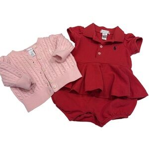 Ralph Lauren Baby Girl 2 PCS Set Pink Cable Knit Cardigan & Polo Onsie Sz 3 Mo